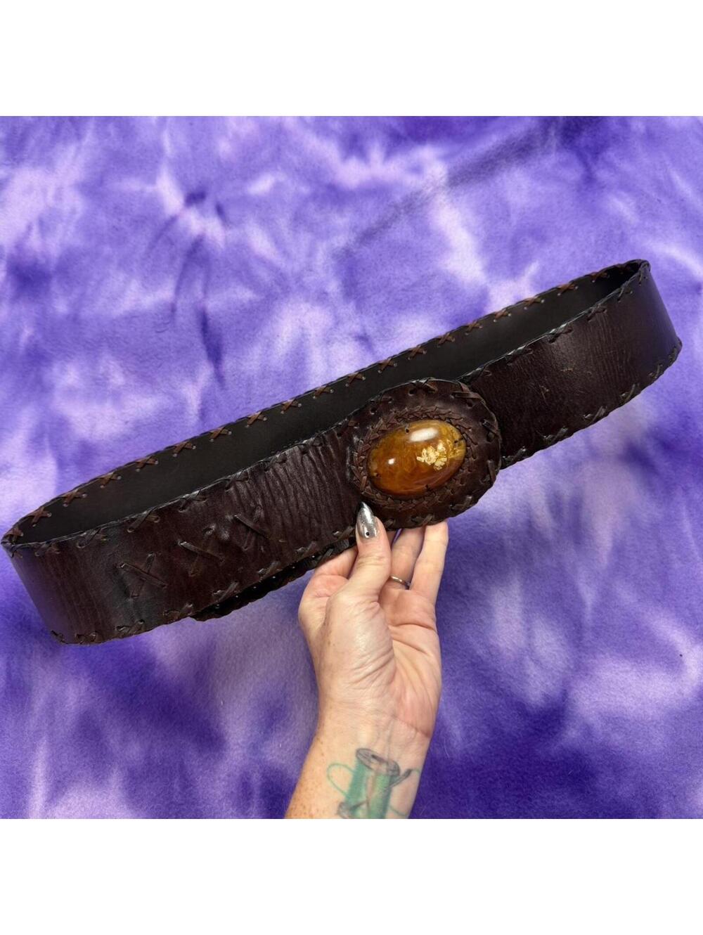 Chicos brown leather belt with large amber style gemstone
